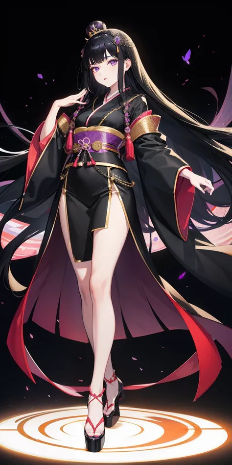 "A woman with shiny, long black hair and purple eyes wearing a traditional Japanese kimono, showcasing her long legs and black shoes. She has pale skin and wears a beautiful Japanese crown. The artwork is in 8k resolution and of high quality."