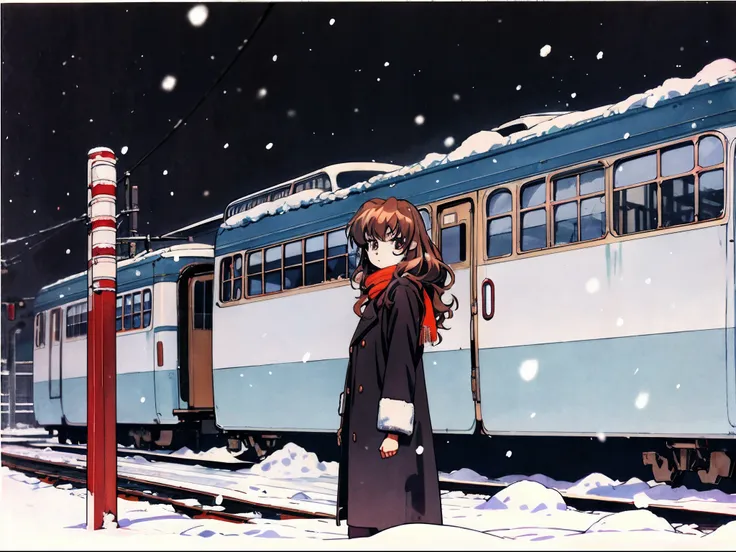 taiga aisaka standing by a train station on a cold snowy night, vhs, winter, (snow), vintage, manga style, black background, (ba...