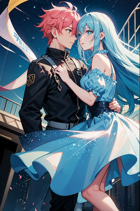 Romantic couple kissing in the wind，Blue-haired boy，Girl with pink hair，glowing stars，Glow effects，Heart-shaped bubbles，the night，playground，he Ferris wheel，The face is clear and accurate，detail in face，super-fine，16K resolution，high qulity，电影灯光，High pictu...