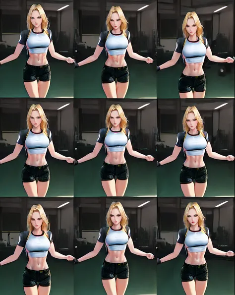 (((detailed character sheet, frontal view, side view, three quarter view))), ((((same character)))), (.gif), ((character desing)), ((((Sprite sheet)))), a set of nine different poses of a hot woman, unparalleled masterpiece, ultra realistic 8k CG, perfect ...