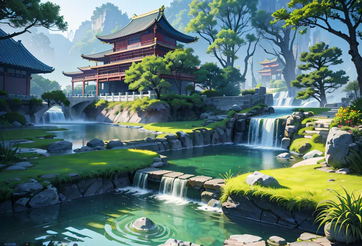 Ancient Chinese architecture, cool colors, dark night, moon, garden, bamboo, lake, stone bridge, rockery, arch, corner, tree, running water, landscape, outdoor, waterfall, grass, rock, dense fog, (Illustration: 1.0) , Epic Composition, HD Details, Masterpi...