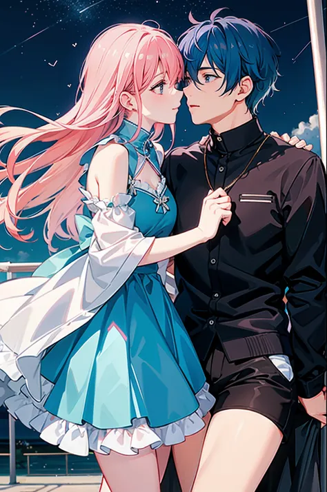 Romantic couple kissing in the wind，Blue-haired boy，Girl with pink hair，glowing stars，Glow effects，Heart-shaped bubbles，the night，playground，he Ferris wheel，The face is clear and accurate，detail in face，super-fine，16K resolution，high qulity，电影灯光，High pictu...