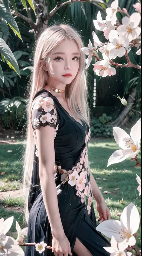 Space cap（Long blonde hair+Small pink flowers:1.3+Big red and blue eyes+Heterochromia+gold-wire glasses:1.2+Intellectual beauty:1.1)，under a sakura tree，Sideslit，lace legwear