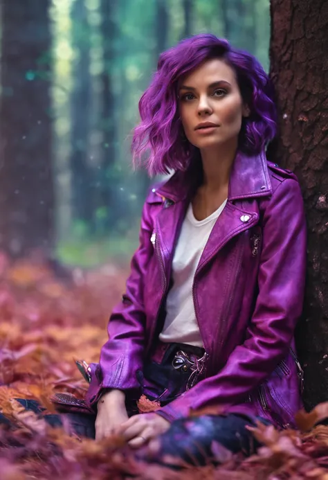 girl with short hair with purple highlights sitting in a beautiful colorful forest