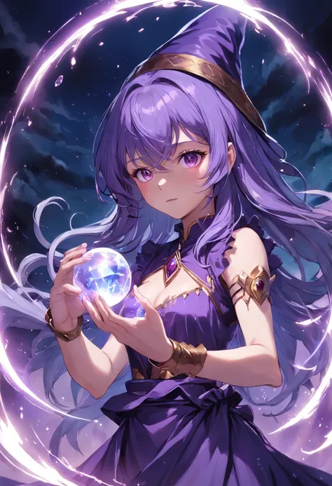 Witch with purple hair holding a light wait and a purple hat, feiticeira  bela feiticeira, feiticeira bonita, feiticeira bonita, feiticeira roxa, a sorceress casting a ball of ice with a glowing aura, corpo inteiro