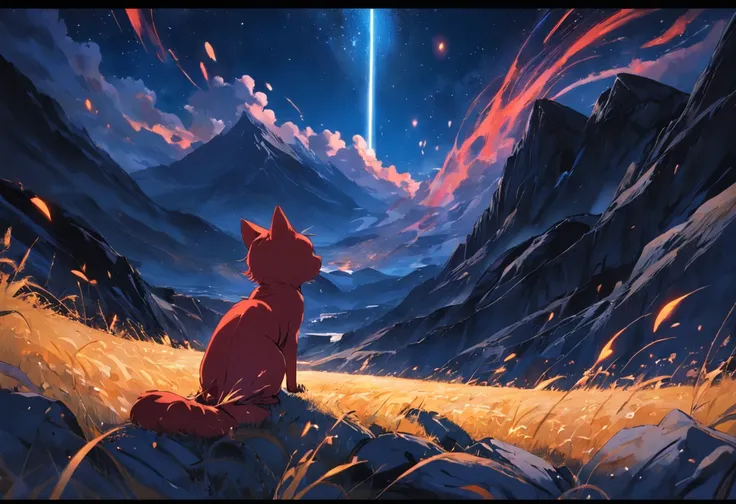 Masterpiece, beste-Qualit, Image fixe du film, Soft and warm lighting, La nuit, (Sparks: 0,7), Shooting Star, mouvement, paysage, chat, Paysage seulement, Fin du monde, monstre, High detail, rouge et bleu