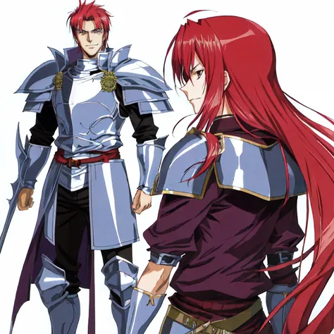 anime character with red hair and armor standing in front of a white background, roguish smirk, magical knight, a human male paladin, full character, male, urushisato