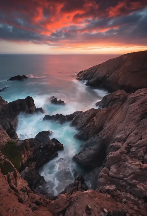 pov ojo de pez ,estas arrodillado en la cima de una colina frente al mar, se ven tus brazos y pierna, ves el horizonte en el oceano, mientras el sol atardece