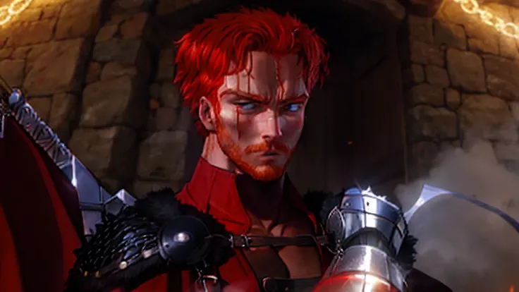 A serious medieval red-haired man with a scar, pulled hair. He wears an armored glove, cloak, and chain mail.