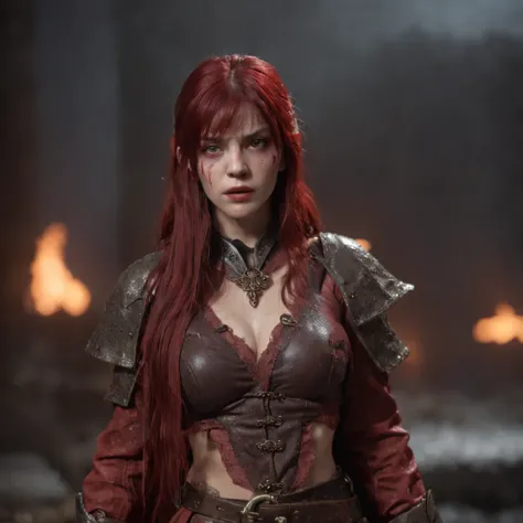 (professional 3d render:1.3) af (Realistic:1.3) most beautiful artwork photo in the world，Features soft and bloodied female heroes, ((Epic hero fantasy witch woman ugh wet hero angry look very long blood red hair with bangs and ferocious expression in dyna...