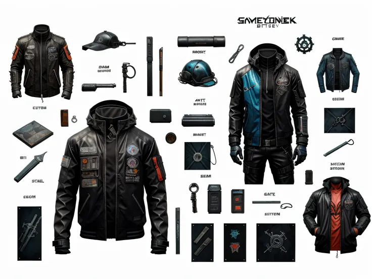 Game object cyberpunk jacket, bits of color, Sketch, hand drawn, dark, gritty, realistic sketch, Rough sketch, mix of bold dark lines and loose lines, bold lines, on paper, jacket sheet, jacket, Water in metal, slik, sci-fi, ghostly theme, (((items and gea...