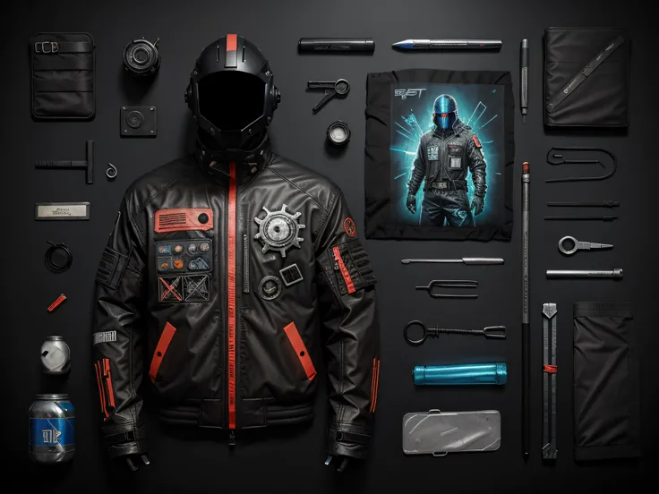 Game object cyberpunk jacket, bits of color, Sketch, hand drawn, dark, gritty, realistic sketch, Rough sketch, mix of bold dark lines and loose lines, bold lines, on paper, jacket sheet, jacket, Water in metal, slik, sci-fi, ghostly theme, (((items and gea...