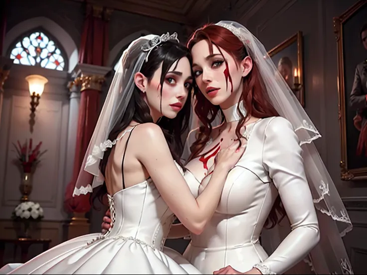 arafed, high details, best quality, 16k, [ultra detailed], masterpiece, best quality, (extremely detailed), dynamic angle, ultra wide shot, RAW, photorealistic, a wide angle picture of a vampire bride biting  her groom, a [female vampire] bride (best detai...