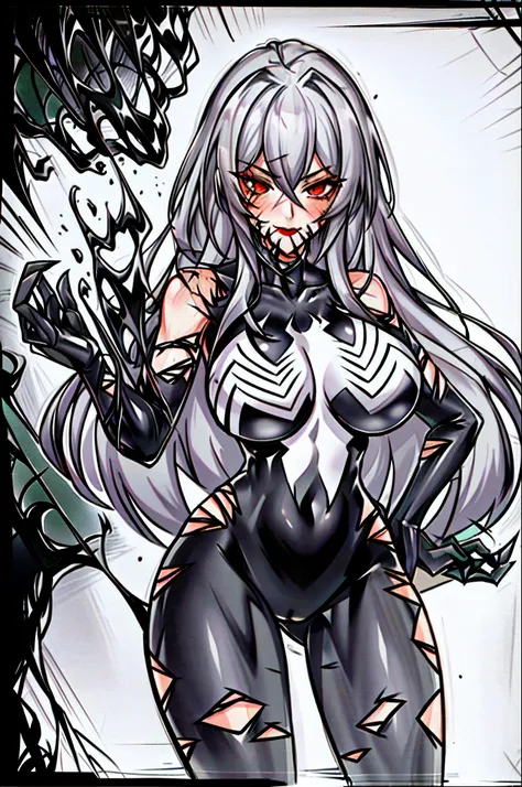 masterpiece, best quality, a high resolution, sh1, red eyes, gray hair and long hair，mitts, black and white bodysuit, makeup, st...