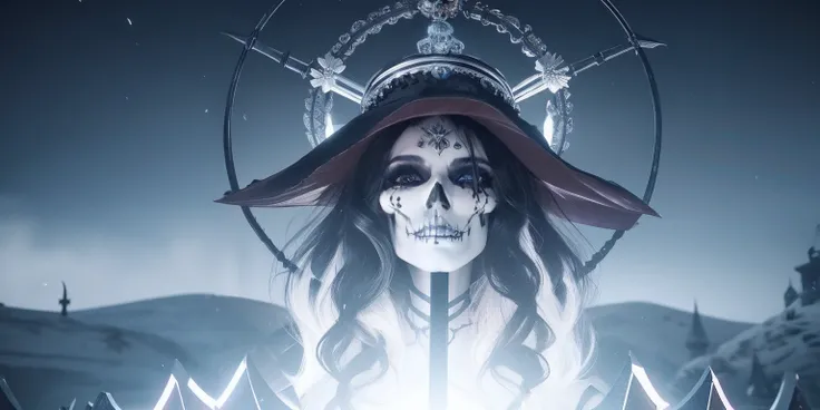 there is a skull with a crown and a hat on it, close-up portrait goddess skull, goddess of death, saint skeleton queen, queen of death, unreal engine render + a goddess, portrait of the god of death, artstation 4k, the angel of death with a halo, beautiful...