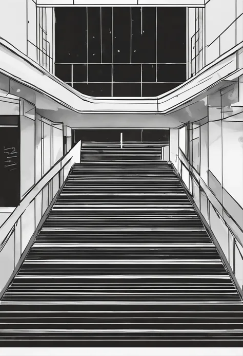 Graphic, Basement stairs，Level 4 minimalism, one line art, Continuous thin white line, Black background