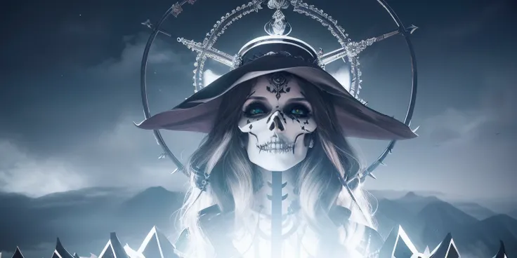 there is a skull with a crown and a hat on it, close-up portrait goddess skull, green sky, clouds, goddess of death, saint skeleton queen, queen of death, unreal engine render + a goddess, portrait of the god of death, artstation 4k, the angel of death wit...