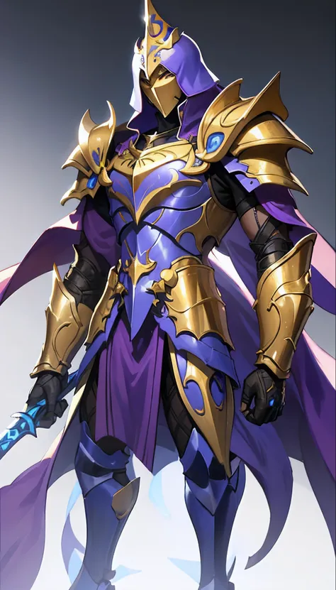 in full height, A man in a purple robe and gold armor, Holding the Sword, Purple armor, Smooth purple armor, male paladin, male paladin, in dark purple armor, Epic Paladin Armor, Paladins Golden Armor, keqing from genshin impact, Golden Paladin, Paladin Ar...