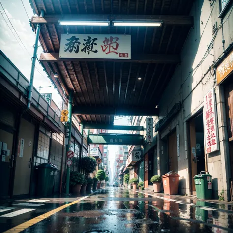 Japanese city street, empty street, no one in sight, (no one: 1), modern Japanese architecture, retro Japanese architecture, Tokyo, street under bridge, raining, rain, gloomy weather, heavy rain, puddles, dramatic weather, huge retro Japanese signs, big re...