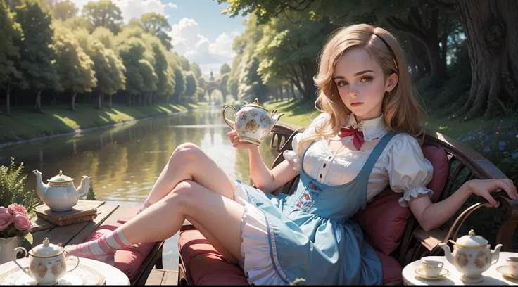 teen Emma Watson dressed as Alice in wonderland, daytime, tea party