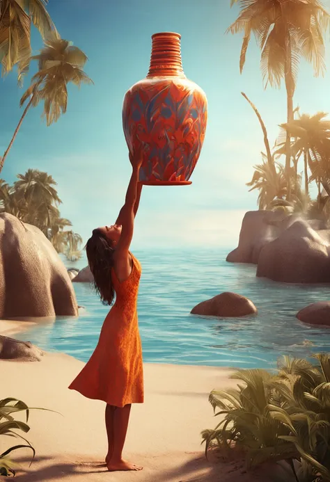 standing on a sunny beach dropping water from a vase she holds above her head