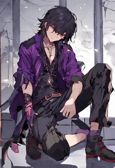 1boy, anime male with long black hair with purple highlights, purple eyes, wearing a short-sleeved violet shirt, black trousers, a short open purple jacket with black sleeves, brown sandal boots with white socks, a metal pendant around his neck, black fing...