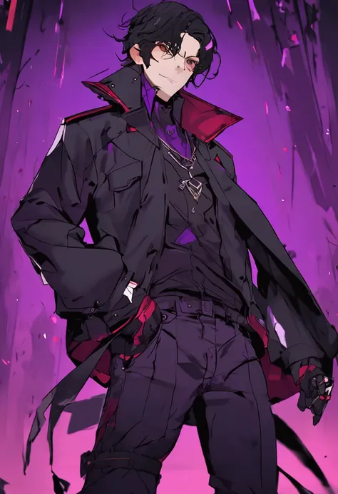 1boy, anime male with long black hair with purple highlights, purple eyes, wearing a short-sleeved violet shirt, black trousers, a short open purple jacket with black sleeves, brown sandal boots with white socks, a metal pendant around his neck, black fing...