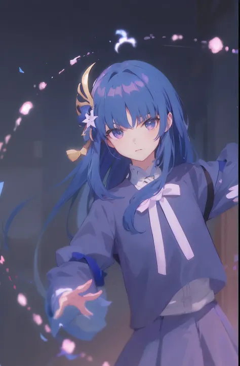 Anime girl with more delicate blue hair and more dynamic blue dress with more delicate white bow, anime moe art style, Ayaka Genshin impact, anime style like fate/stay night, ayaka game genshin impact, made with anime painter studio, A scene from the《azur ...