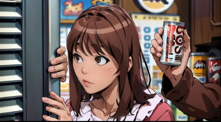 animesque、delicate、brown hair、canned coffee with milk、kawaii girl