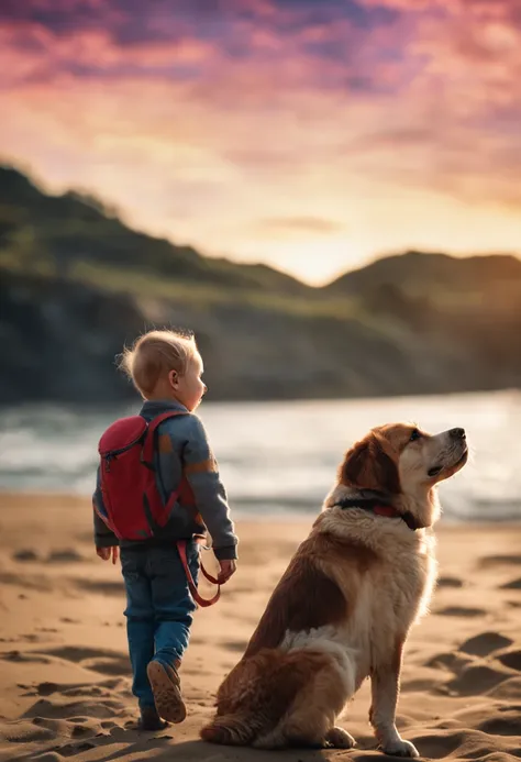 An 8-year-old holding a dog in his arms looking toward the image