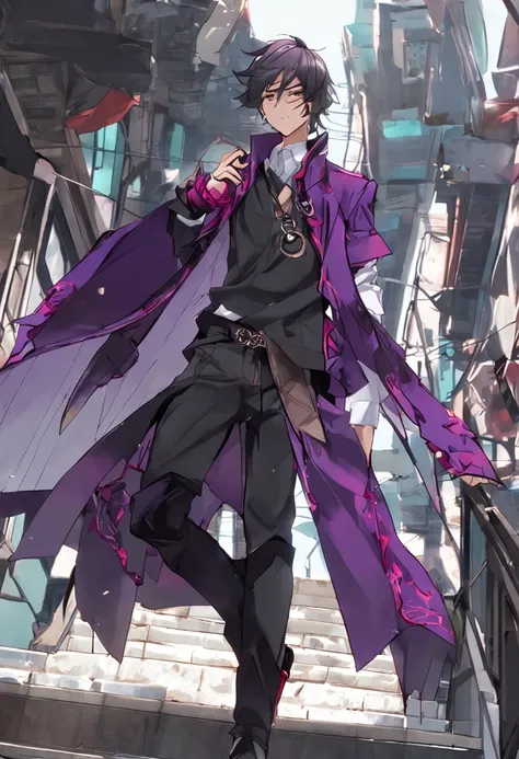 1boy, anime male with long black hair with purple highlights, purple eyes, wearing a short-sleeved violet shirt, black trousers, a short open purple jacket with black sleeves, brown sandal boots with white socks, a metal pendant around his neck, black fing...