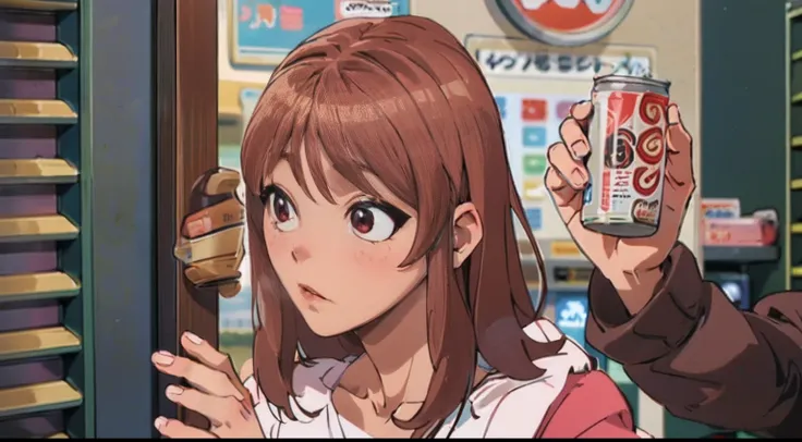 animesque、delicate、brown hair、black canned coffee、kawaii girl