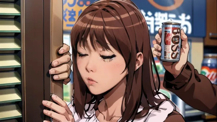 animesque、delicate、brown hair、canned coffee with milk、kawaii girl