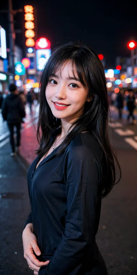 1girl, Tokyo street,night, cityscape,city lights,upper body,close-up,smile,, (8k, RAW photo, best quality, masterpiece:1.2),(realistic, photo-realistic:1.37),