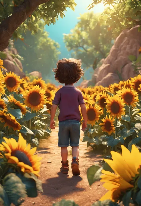 masterpiece, best quality, ultra-detailed, cute, Little boy stroking sunflowers, full body, brawn hair, t-shirt, anime style,