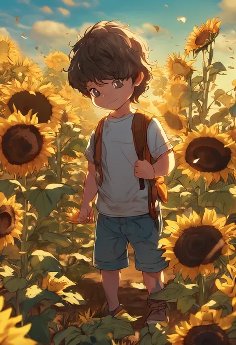 masterpiece, best quality, ultra-detailed, cute, Little boy stroking sunflowers, full body, brawn hair, t-shirt, anime style,