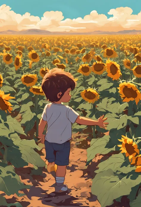 masterpiece, best quality, ultra-detailed, cute, Little boy stroking sunflowers, full body, brawn hair, t-shirt, anime style,