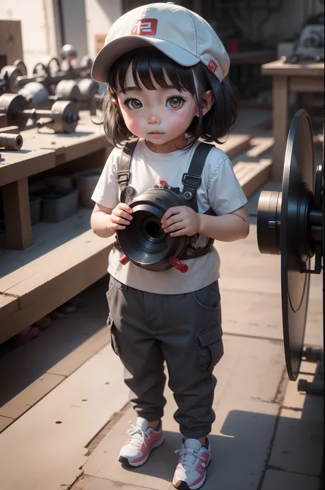 A cute 3 year old girl in China， Wear a cap，Gray tooling，Gray trousers，Lathe operation，Workshops, Workshops，assembly line，Black hair， adolable， with brown eye，by Pixar, tchibi，frontage，Full body portrait