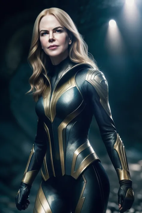 Ultra Realistic Nicole Kidman with New Suit in dynamic pose, cinematic Fight scene and lighting, 8k, Detailed suit (masterpiece:1.2) (photorealistic:1.2) (bokeh) (best quality) (in cave) (intricate details) (8k) (HDR) (analog film) (canon d5) (cinematic li...