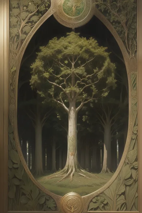 (((pre-raphaelite painting, gustave doré style, celtic pattern, trees and leaves, tree of life, carvalho, outono, dourado, tons ...