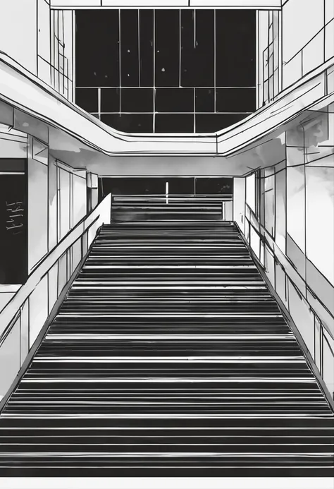 Graphic, Basement stairs，Level 4 minimalism, one line art, Continuous thin white line, Black background