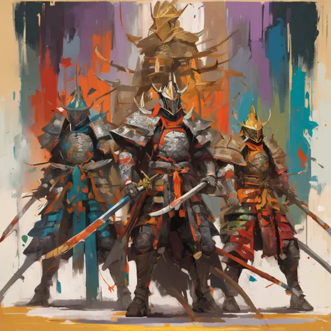 grupo de samurais com espadas e armadura, Cores vivas, alto contraste, montanha, arte da linha vetorial, Destaques Laranja, trending on pixiv, Anime Concept Art, Stick, Tapete, alta qualidade, Borda a Borda, Sanskrit