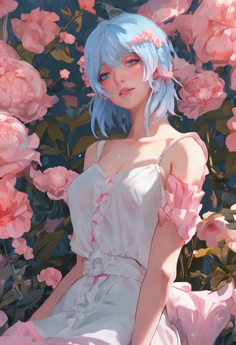 a hot boy with blue hair, and blue eyes, with a shy girl who has pink hair, pink eyes and white dress