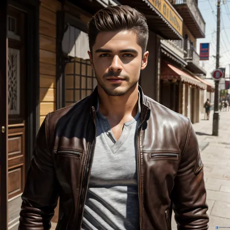 full Portrait of A confident-looking Spanish man, 25 years old, with shirt, leather jacket, shirt, hazel eyes, smooth face, hairstyle same as zac efron, cute smile on face, square jaw, perfect composition, lake street, bokeh, hyper-realistic, super detaile...