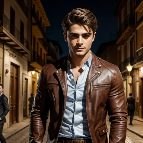 full Portrait of A confident-looking Spanish man, 25 years old, with shirt, leather shoes, hazel eyes, smooth face, hairstyle same as zac efron, cute smile on face, square jaw, perfect composition, evening street, bokeh, hyper-realistic, super detailed, 8k...