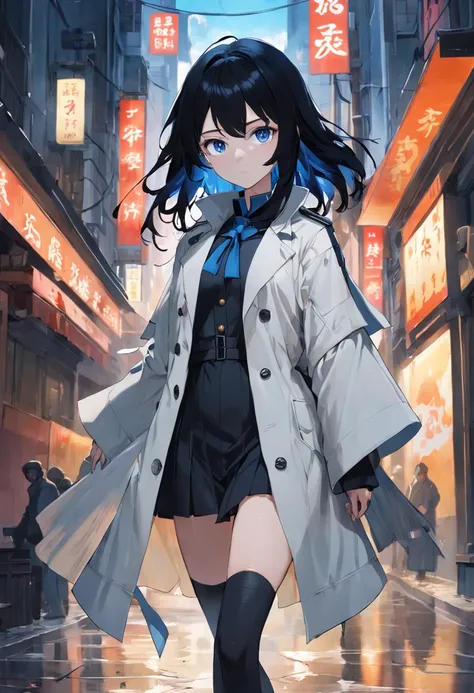 maximum definition and sharpness、Many-Layer Textures、Albedo e mapas Speculares、Surface coloring、Accurate simulation of light-material interactions、Two-dimensional woman，Black hair and blue eyes，black greatcoat，leg loops，arma，Looks melancholy and lonely，wal...