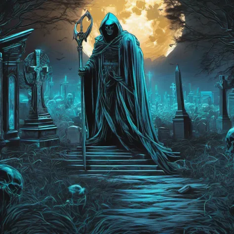 transparent phantom with bioluminescent, gripping the war scythe tightly, cemetery background, moon night, aqua holographic lighting, horror style, extremely detailed, high contrast, very high quality, digital art, death core, aspect ratio 9:16