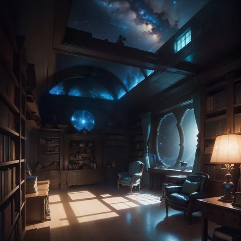 Interior of an observatory, Blue light, Telescope, Shelves of books, Cluttered with Star maps, charts and tools, Dramatic lighting, Epic composition, Wide angle, by Miyazaki, Nausicaa Ghibli, Breath of The Wild