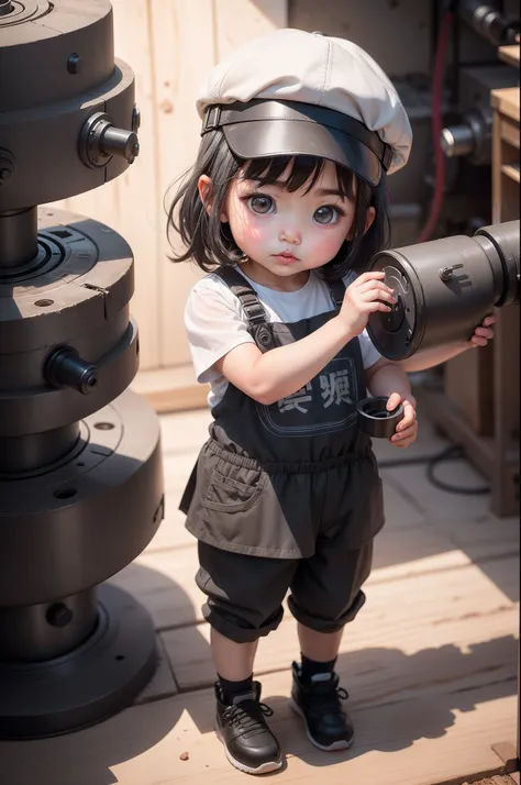 A cute 3 year old girl in China， Wear a cap，Gray tooling，Gray trousers，Lathe operation，Workshops, Workshops，assembly line，Black hair， adolable， with brown eye，by Pixar, tchibi，frontage，Full body portrait