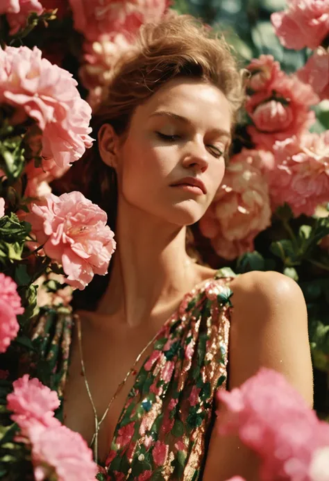 closeup fashion street style photo of a topless woman, background with flowers, shot on Lomography XPro 200, photo taken by Mario Testino